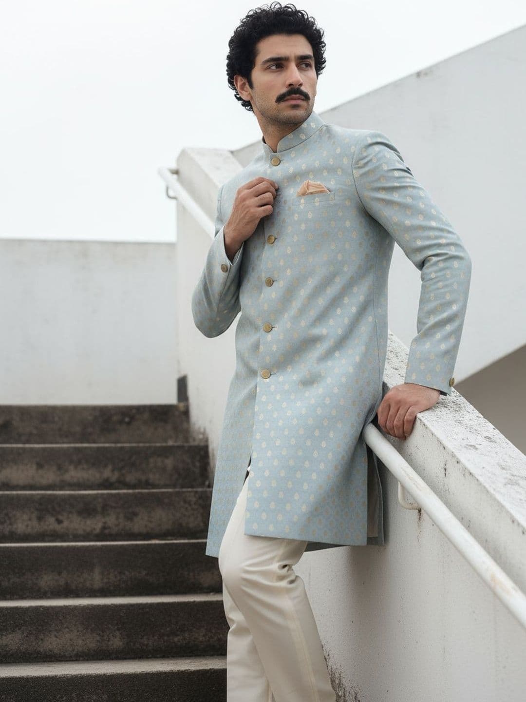 KISAH Men Blue Textured Indowestern Sherwani Trouser Set - view 1