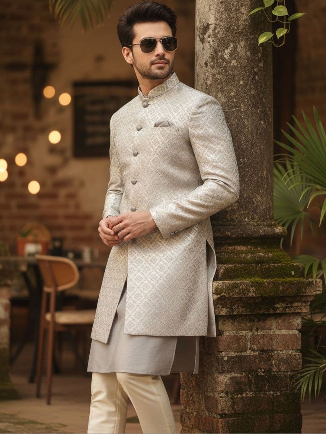 KISAH Men Grey Woven Design Kurta Indowestern Sherwani Trouser Set - view 1