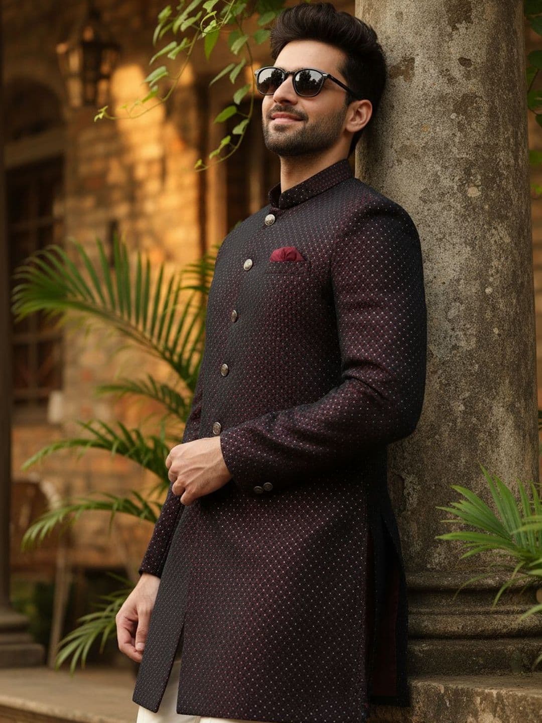 KISAH Men Maroon Self Design Indowestern Sherwani & Trouser Set - view 1