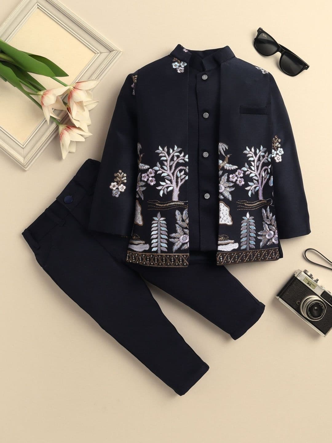 Sangria Boys Embroidered Sequins Mandarin Collar Sherwani Set - view 1