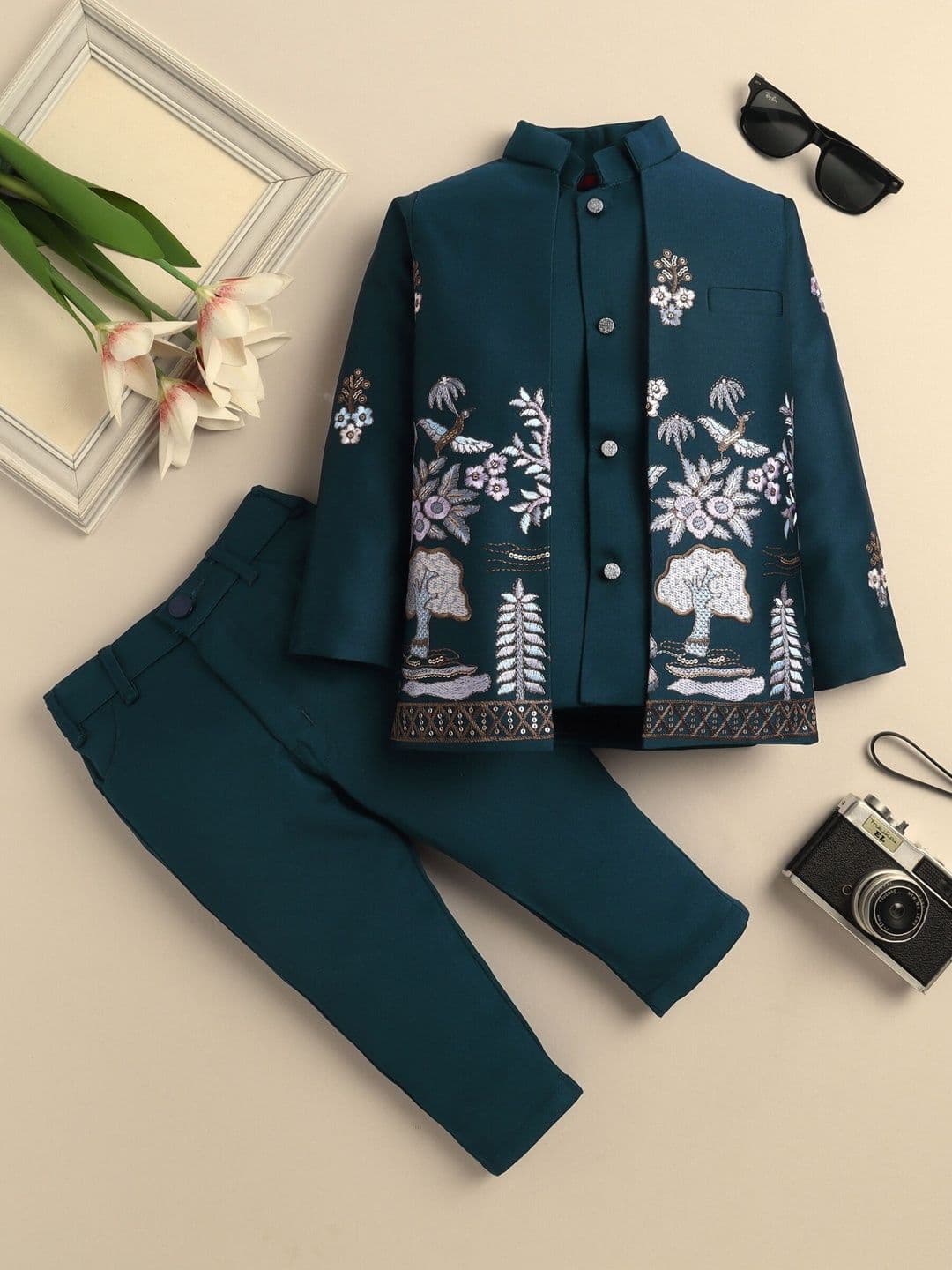Sangria Boys Embroidered Sequins Mandarin Collar Sherwani Set - view 1