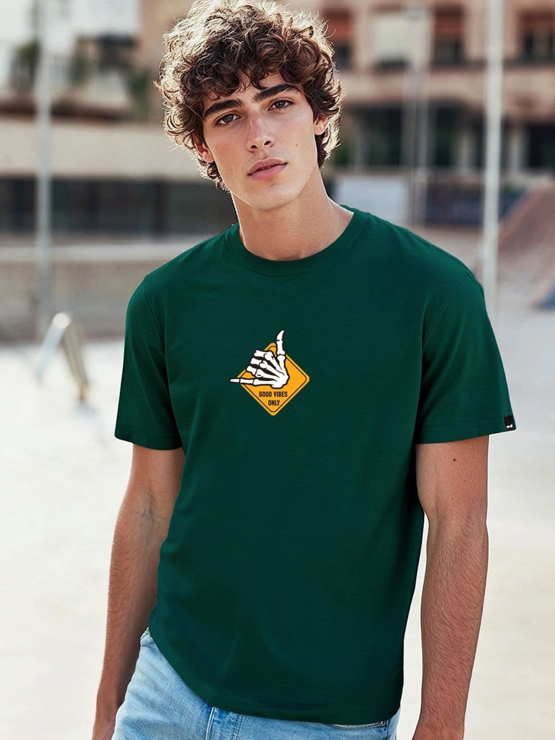 Bewakoof Men Aventurine Green Good Vibes Graphic Printed T-shirt - view 1