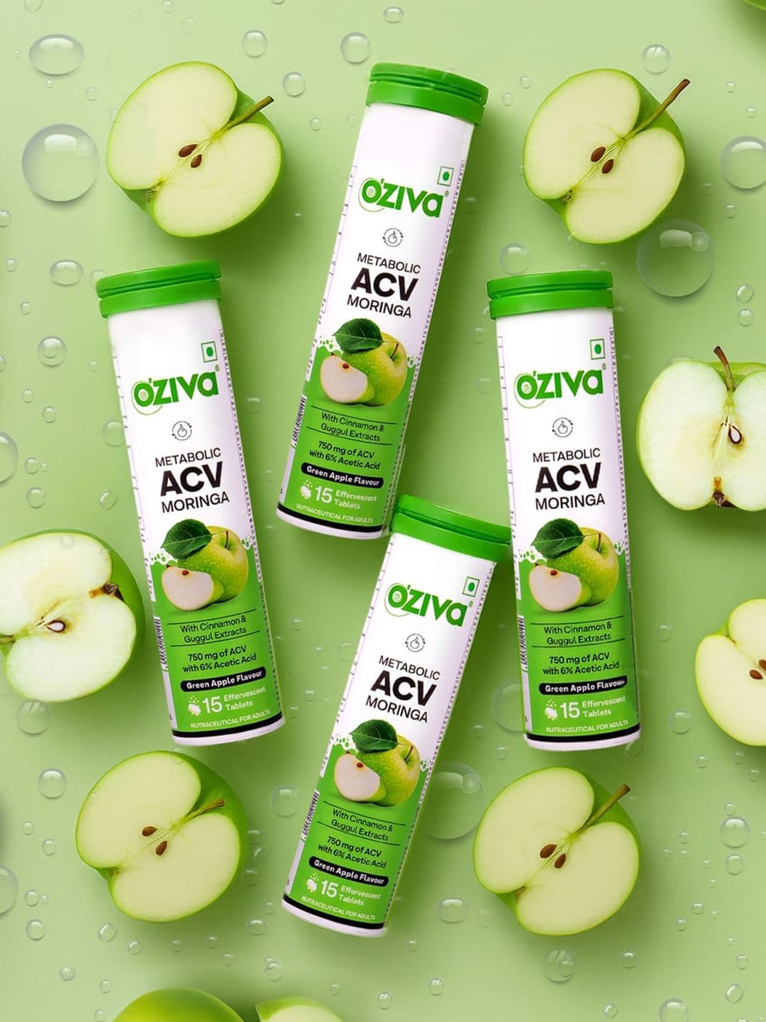 OZiva Set Of 4 Green Apple Flavour Apple Cider Vinegar ACV Moringa Tablets - 15 Tabs Each - view 1