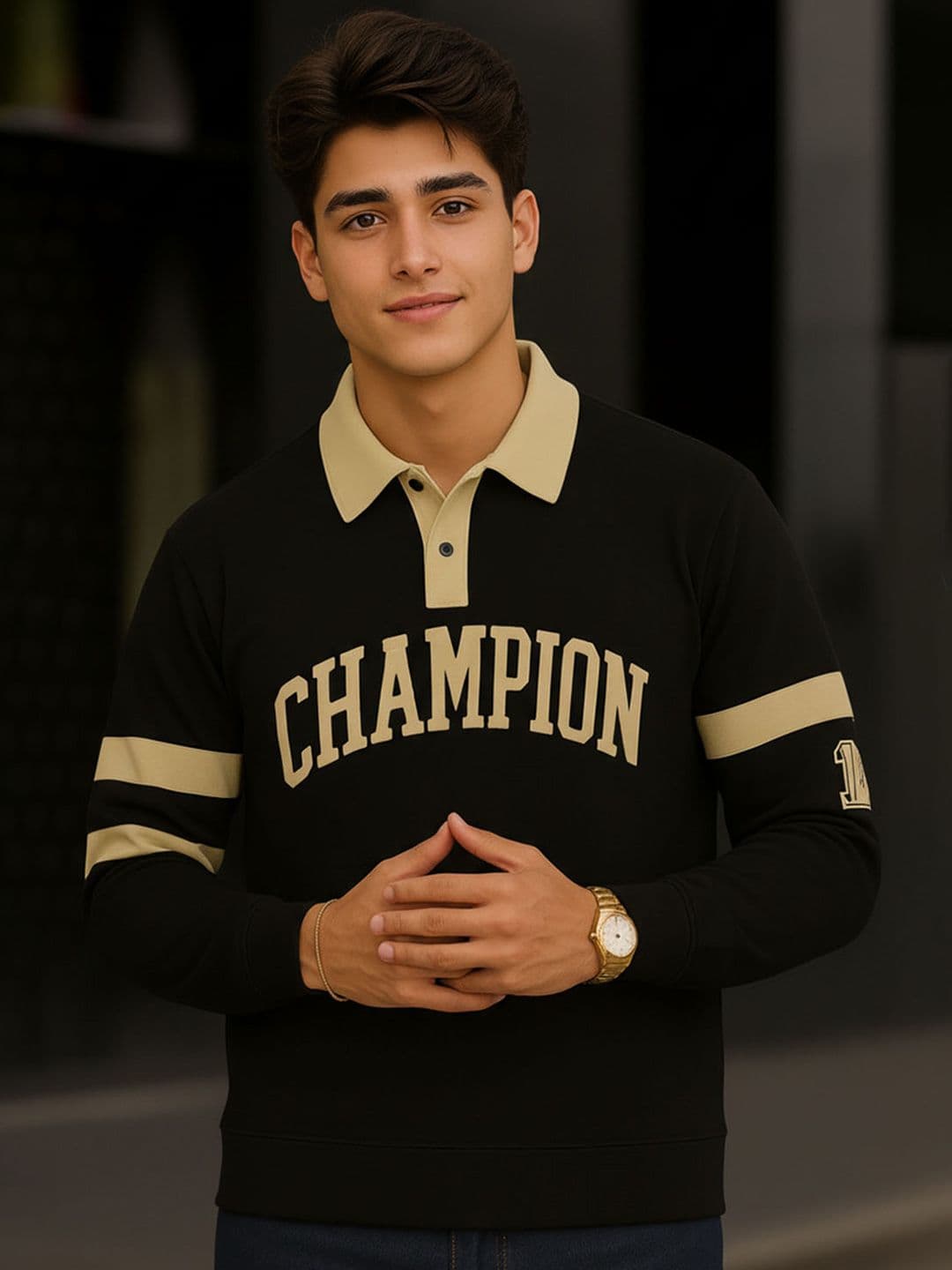 Force Typography Printed Polo Collar Neck Cotton T-shirt - view 1