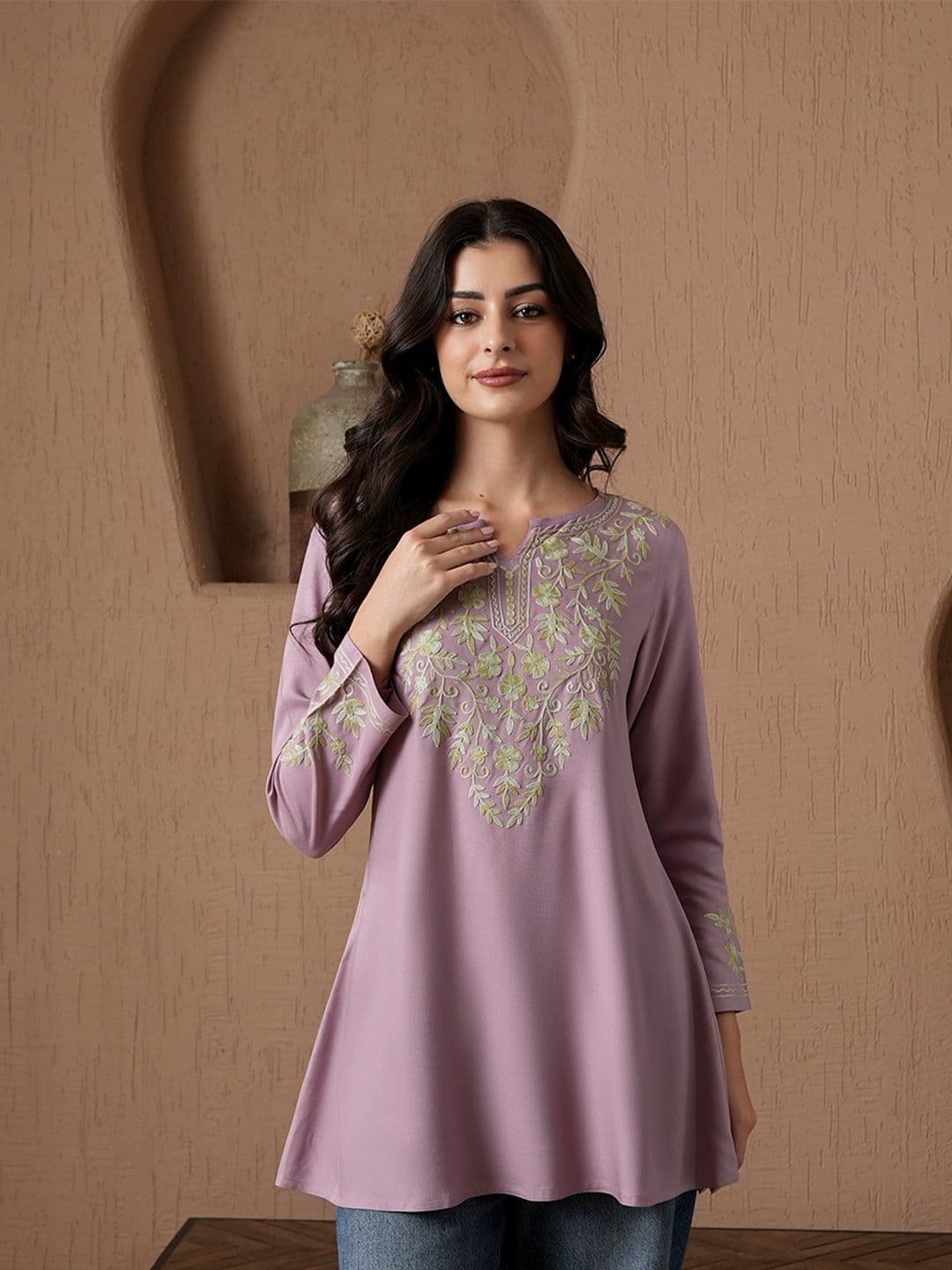 Qazmi Kashmiri Aari Work Viscose Rayon A-Line Flared Kurti - view 1