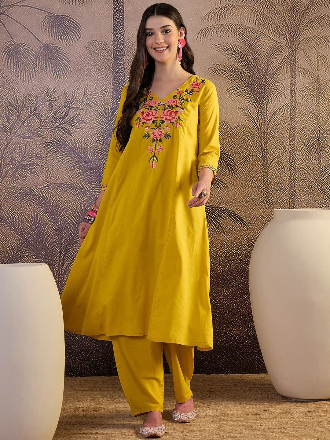 Sangria Women Floral Embroidered Regular Pure Cotton Straight Kurta with Palazzos - view 1