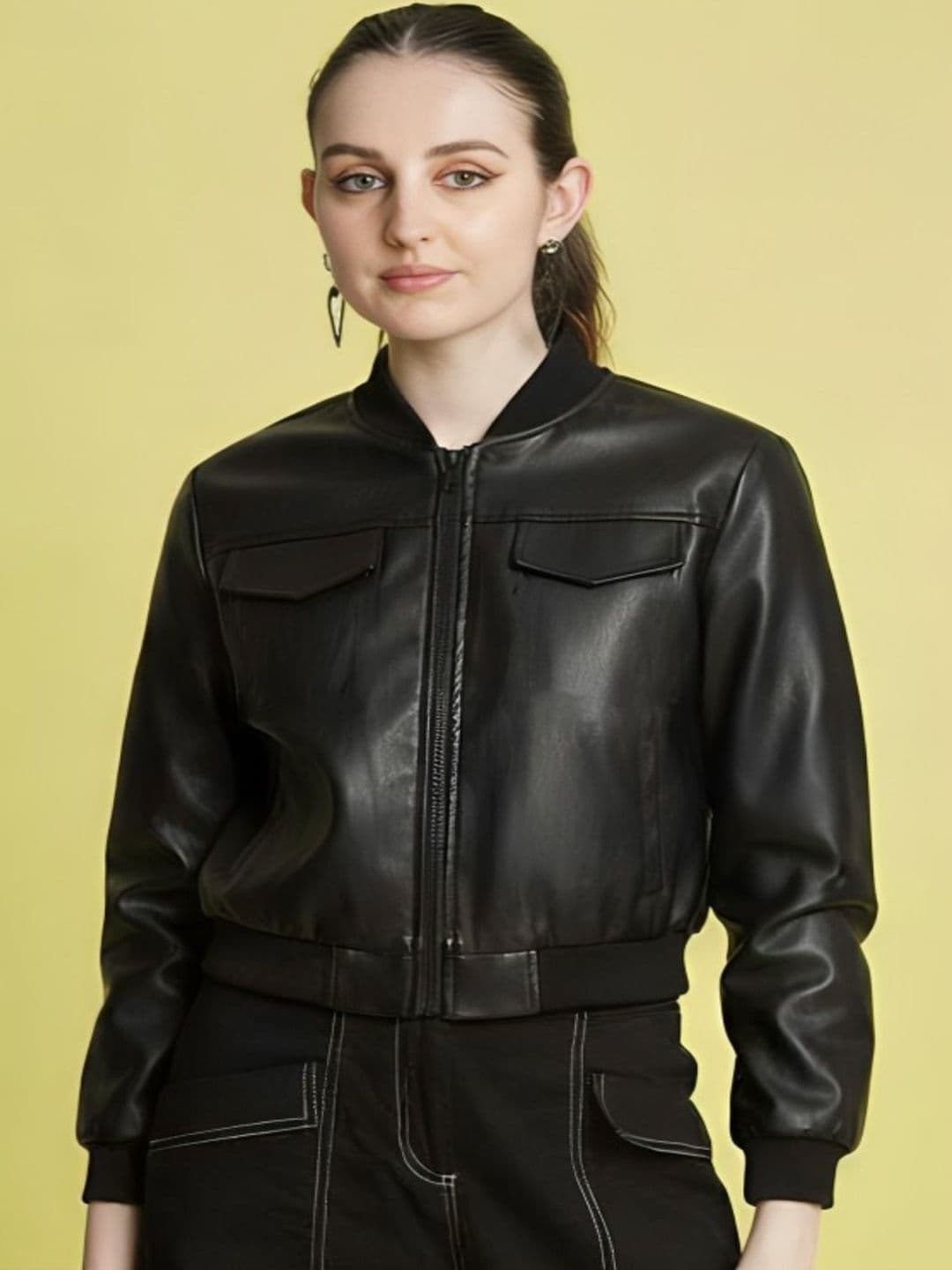 THE FASHION HUB Women Leather Water Resistant Bomber Jacket - view 1