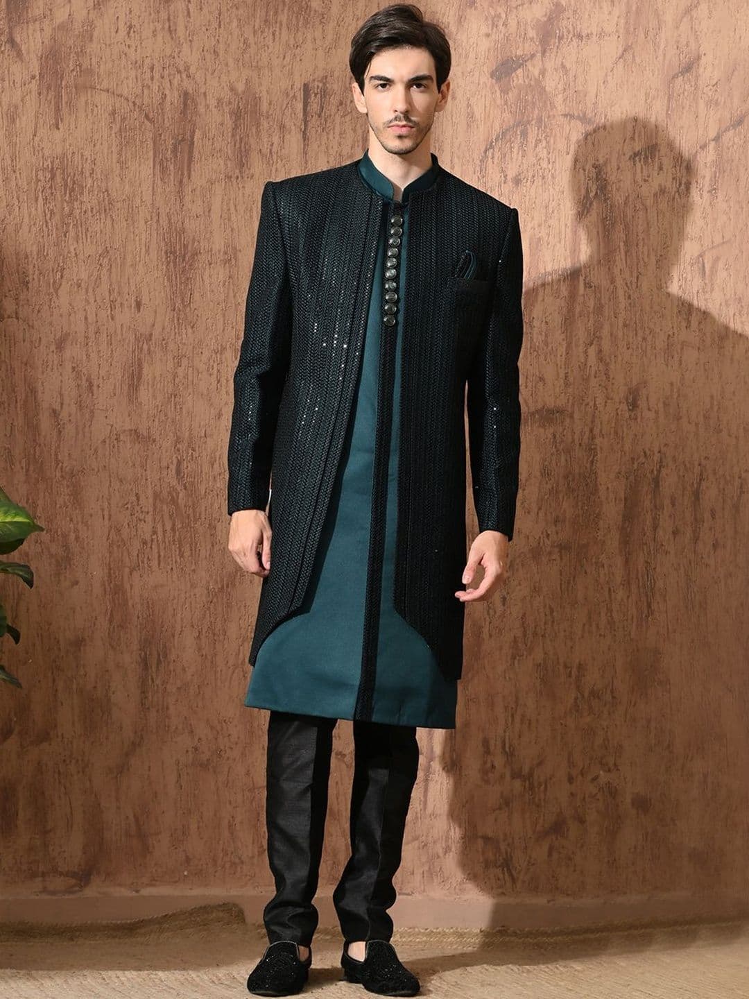 Aesthelia Embroidered Mandarin Collar Pure Silk Sherwani - view 1