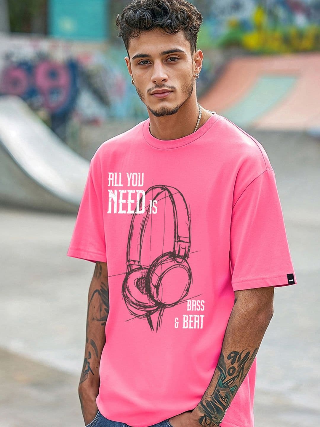 Bewakoof Men Fandango Pink Bass & Beat Graphic Printed Oversized T-shirt - view 1