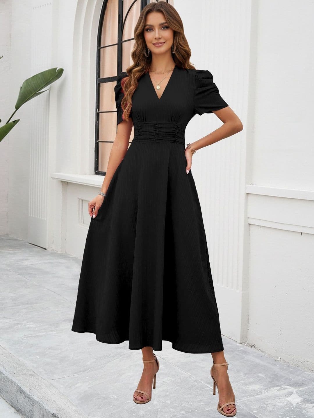 Sugathari Puff Sleeve Fit & Flare Midi Dress - view 1
