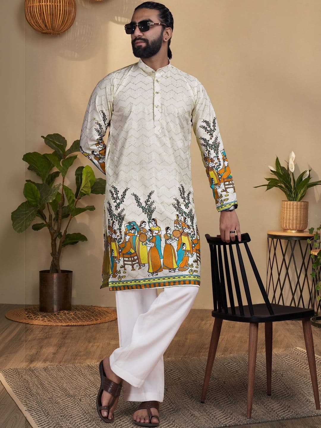 KURTA WALLAH Men Geometric Printed Thread Work Floral Kurta - view 1