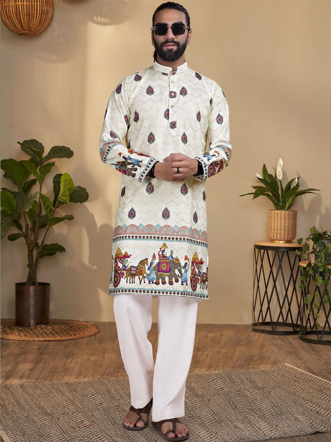 KURTA WALLAH Men Geometric Printed Thread Work Floral Kurta - view 1