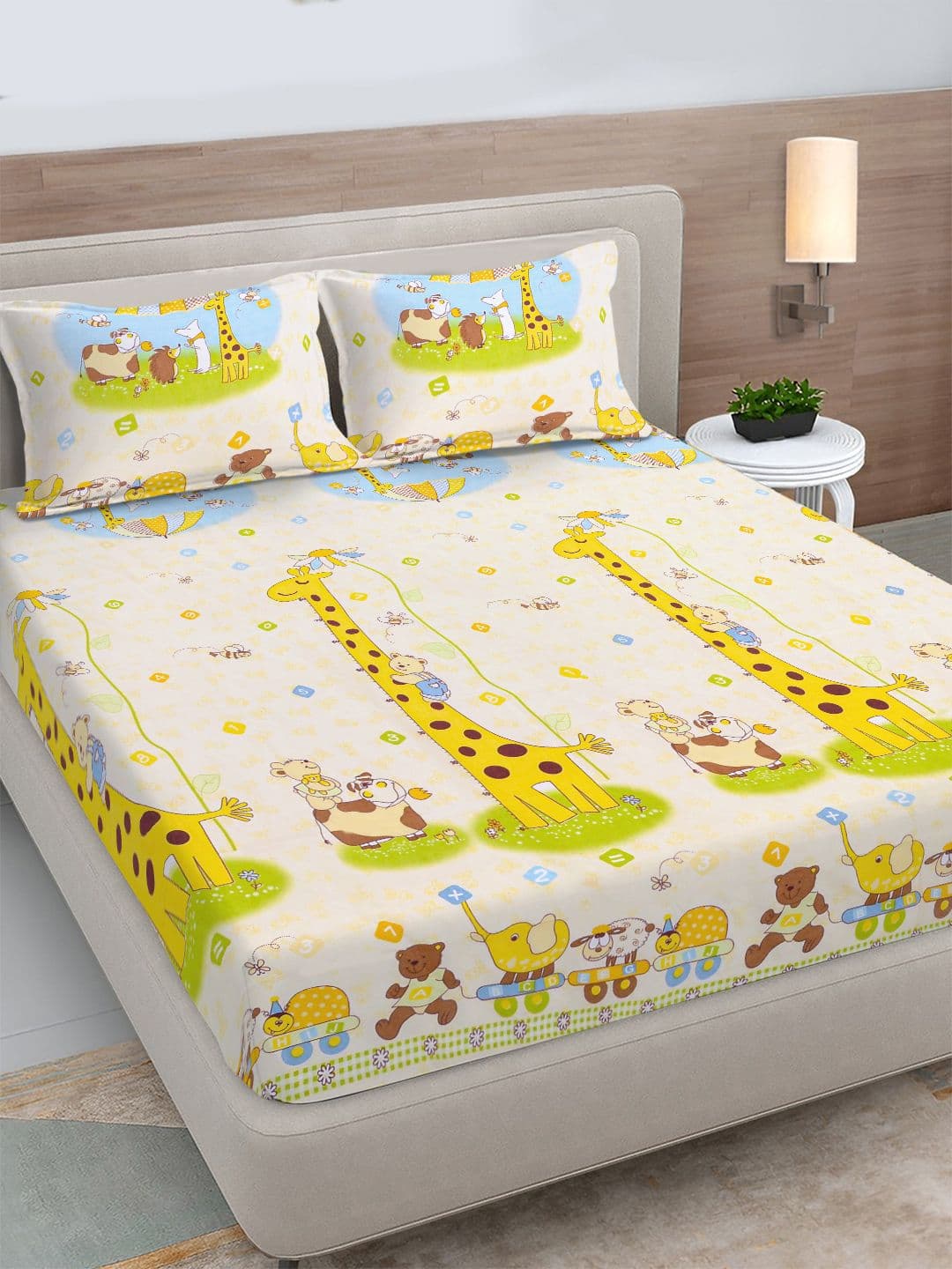 FABINALIV Yellow Cartoon Print Polycotton 300 TC Fitted King Bedsheet with 2 Pillow Covers - view 1
