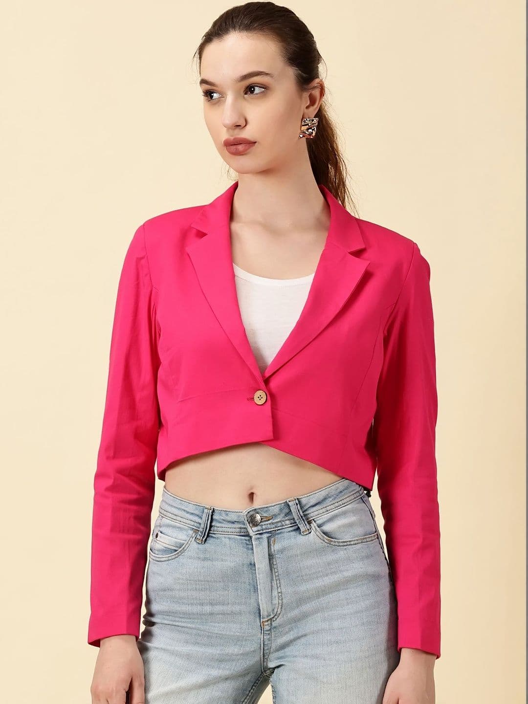 Indyvarna Cotton Notched Lapel Collar Neck Single Breasted Crop Blazer - view 1