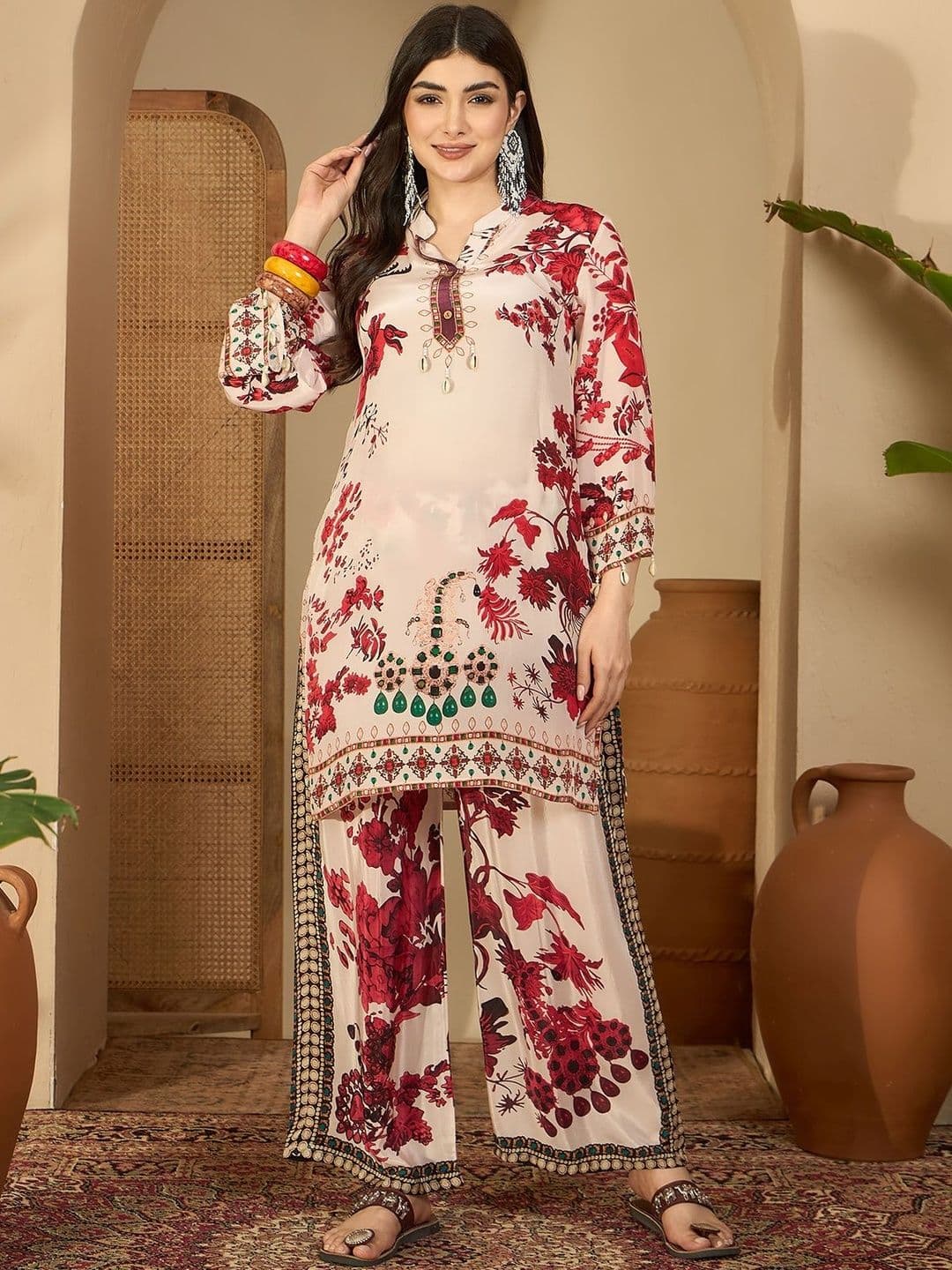 Sangria Printed Mandarin Collar Tunic & Trousers Co-Ords Set - view 1