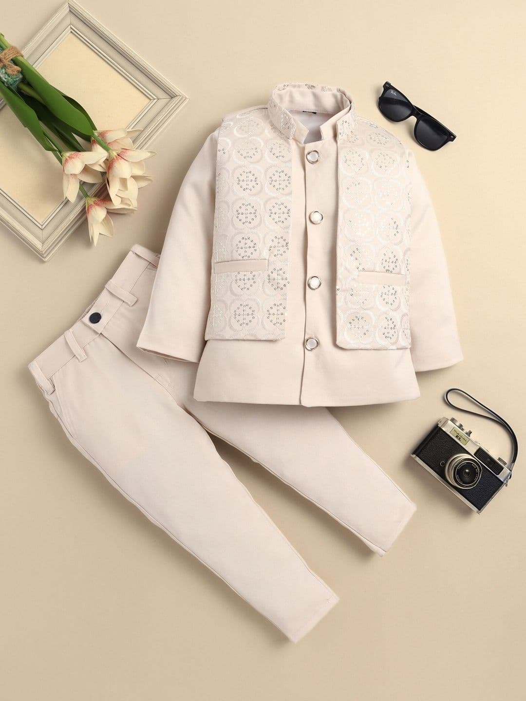 Sangria Infant Boys Embroidered Mandarin Collar Sherwani Set - view 1