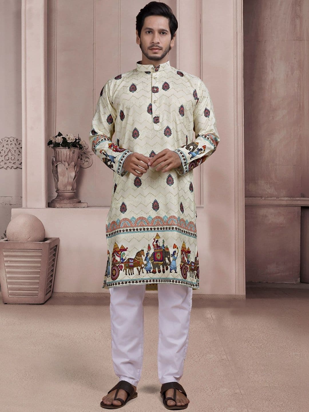 KURTA WALLAH Men Geometric Printed Thread Work Floral Kurta - view 1