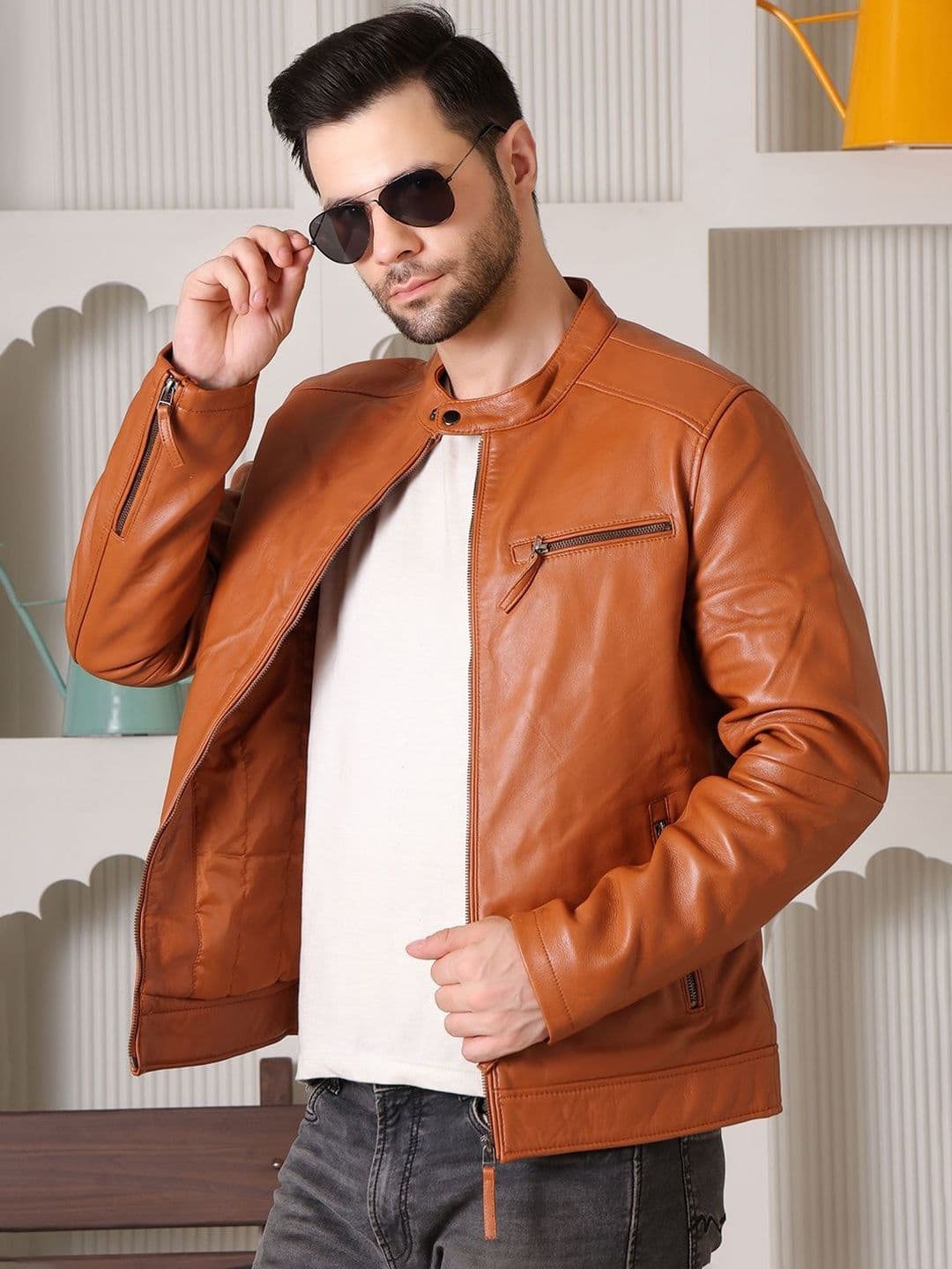 COOL EQUAL Men Leather Water Resistant Biker Jacket - view 1