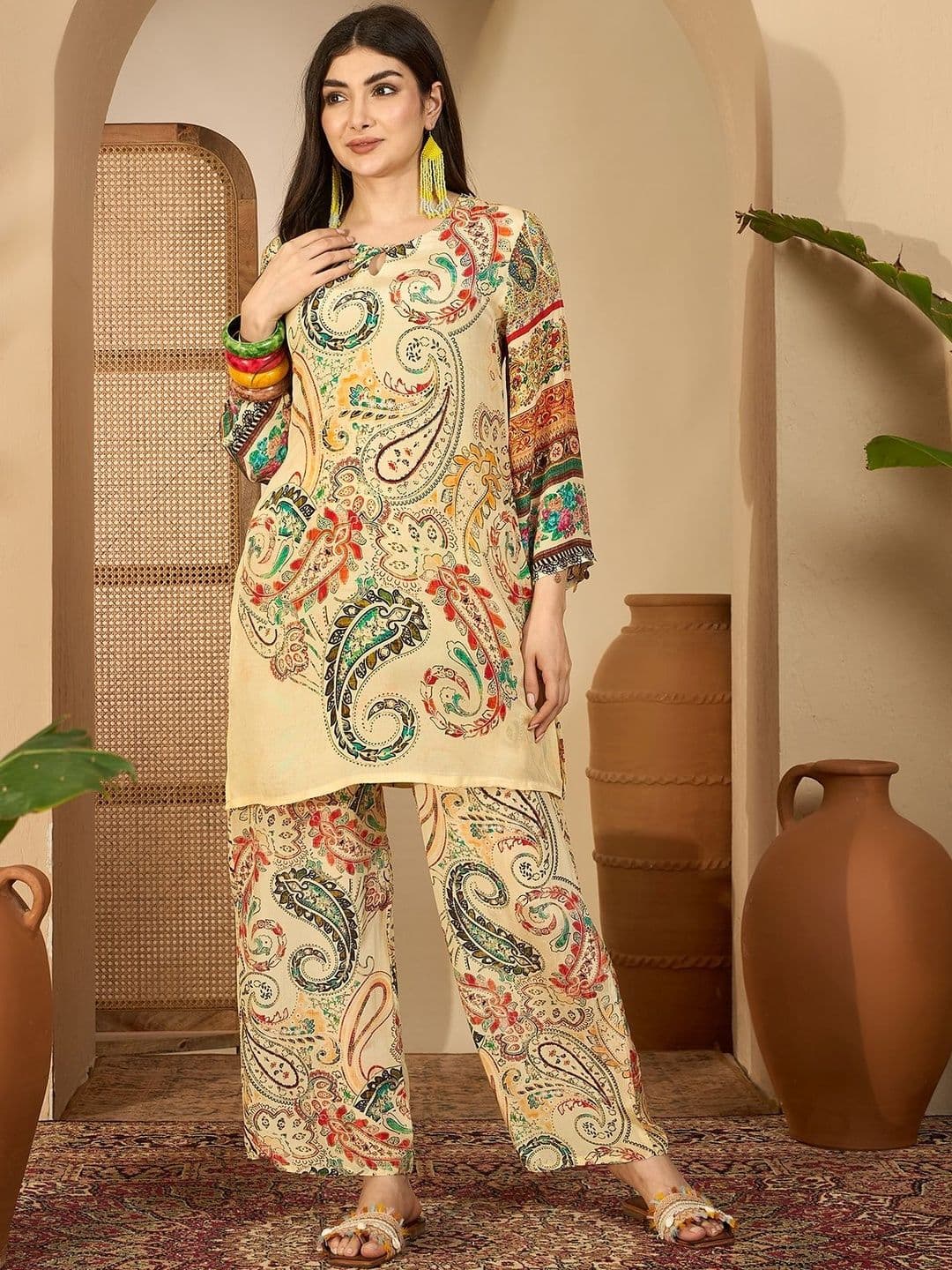 Sangria Printed Round Neck Tunic & Trousers Co-Ords Set - view 1