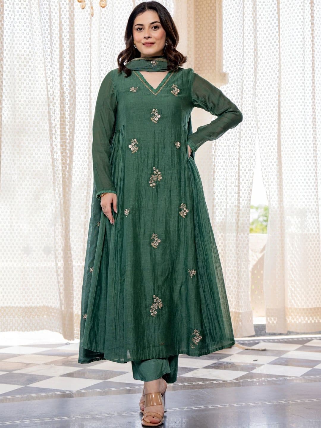 KALINI Women Ethnic Motifs Embroidered Panelled Thread Work Pure Cotton Kurta with Trousers & With Dupatta - view 1