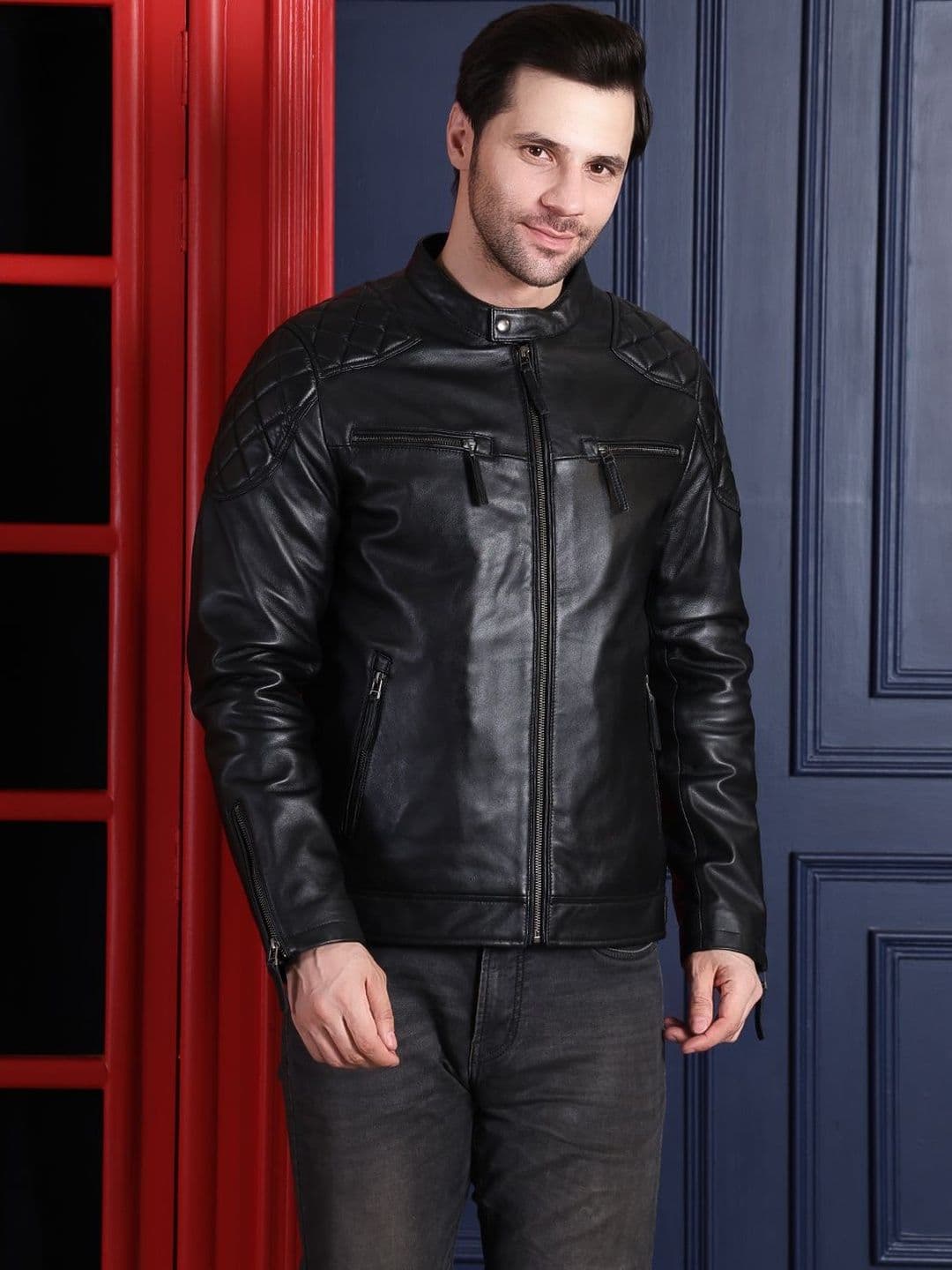 COOL EQUAL Men Leather Water Resistant Biker Jacket with Patchwork - view 1