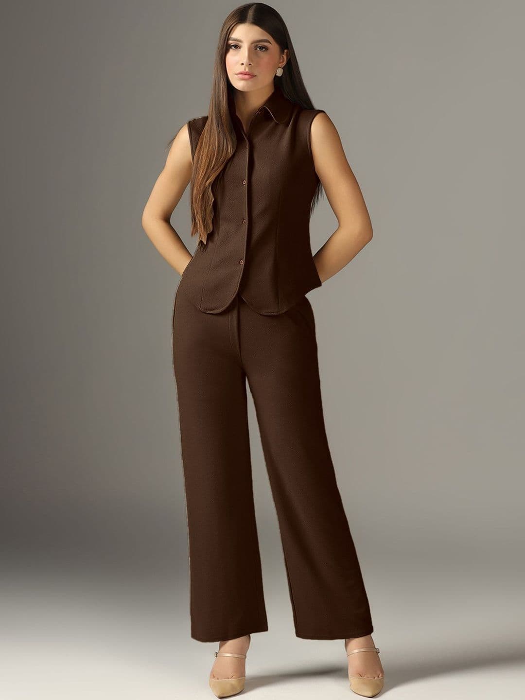Selvia Edge Selvia Brown Solid Shirt Collar Top & Trousers Co-Ords - view 1