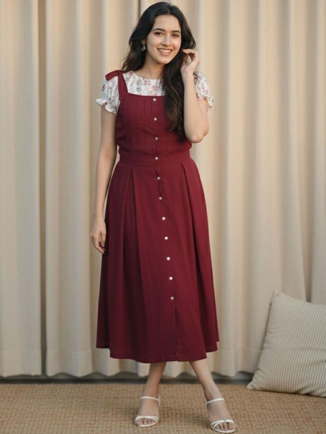 Ethniclook Floral Puff Sleeve Pinafore Midi Dress - view 1