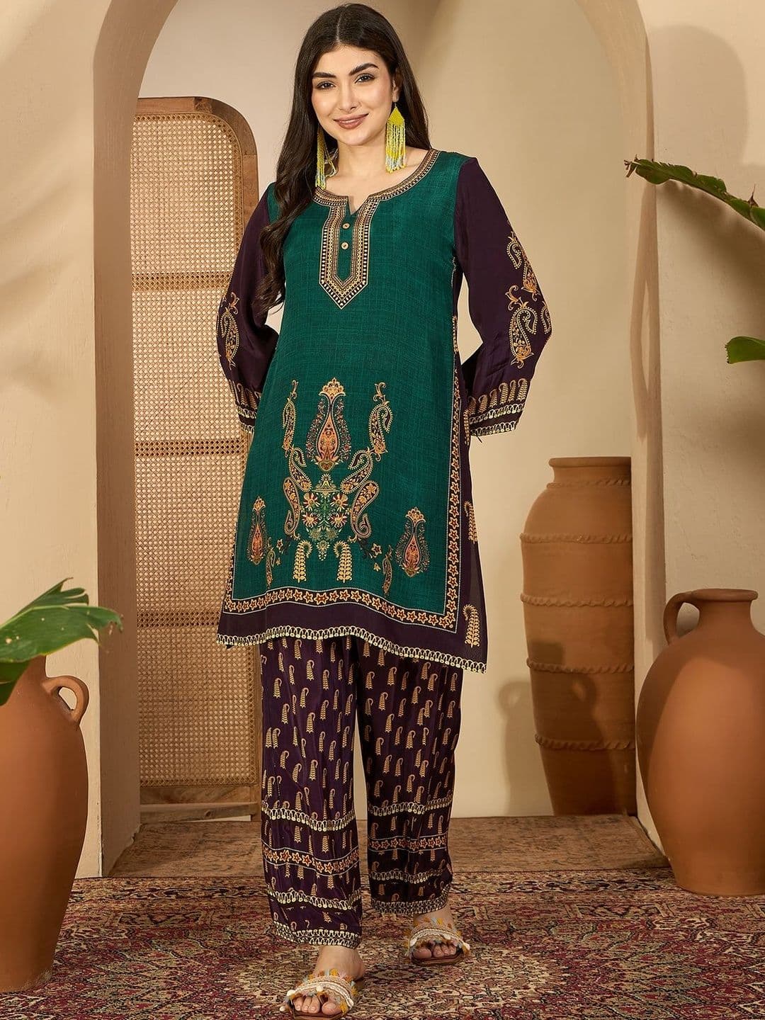 Sangria Printed Round Neck Tunic & Trousers Co-Ords Set - view 1