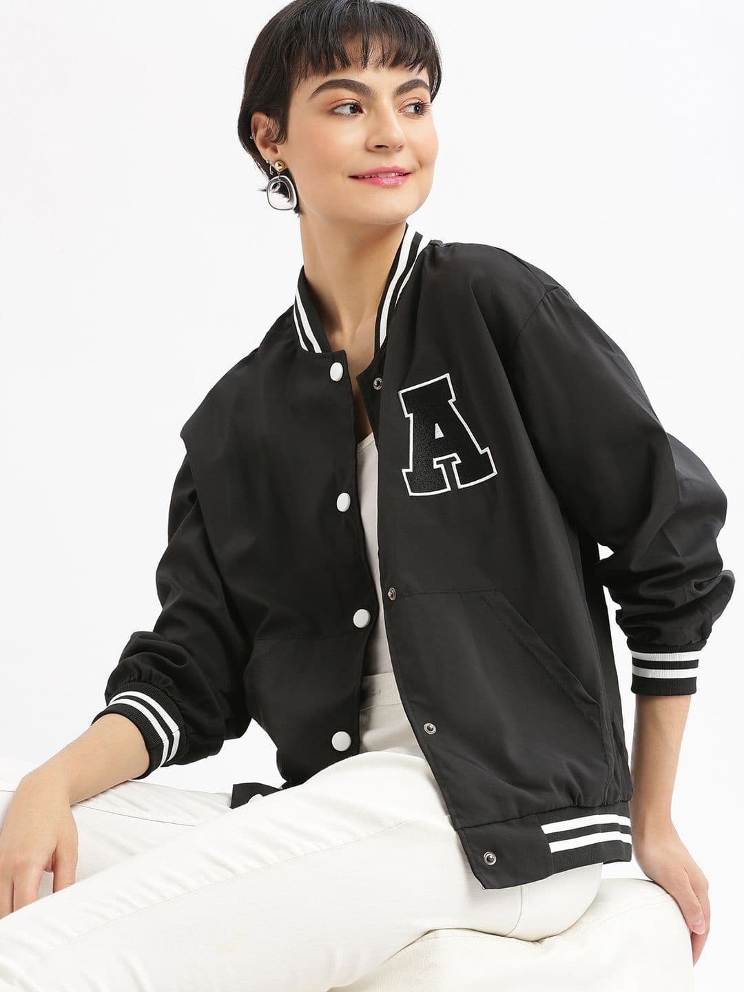 SHOWOFFFF Women Brand Logo Colourblocked Windcheater Varsity Jacket with Embroidered - view 1