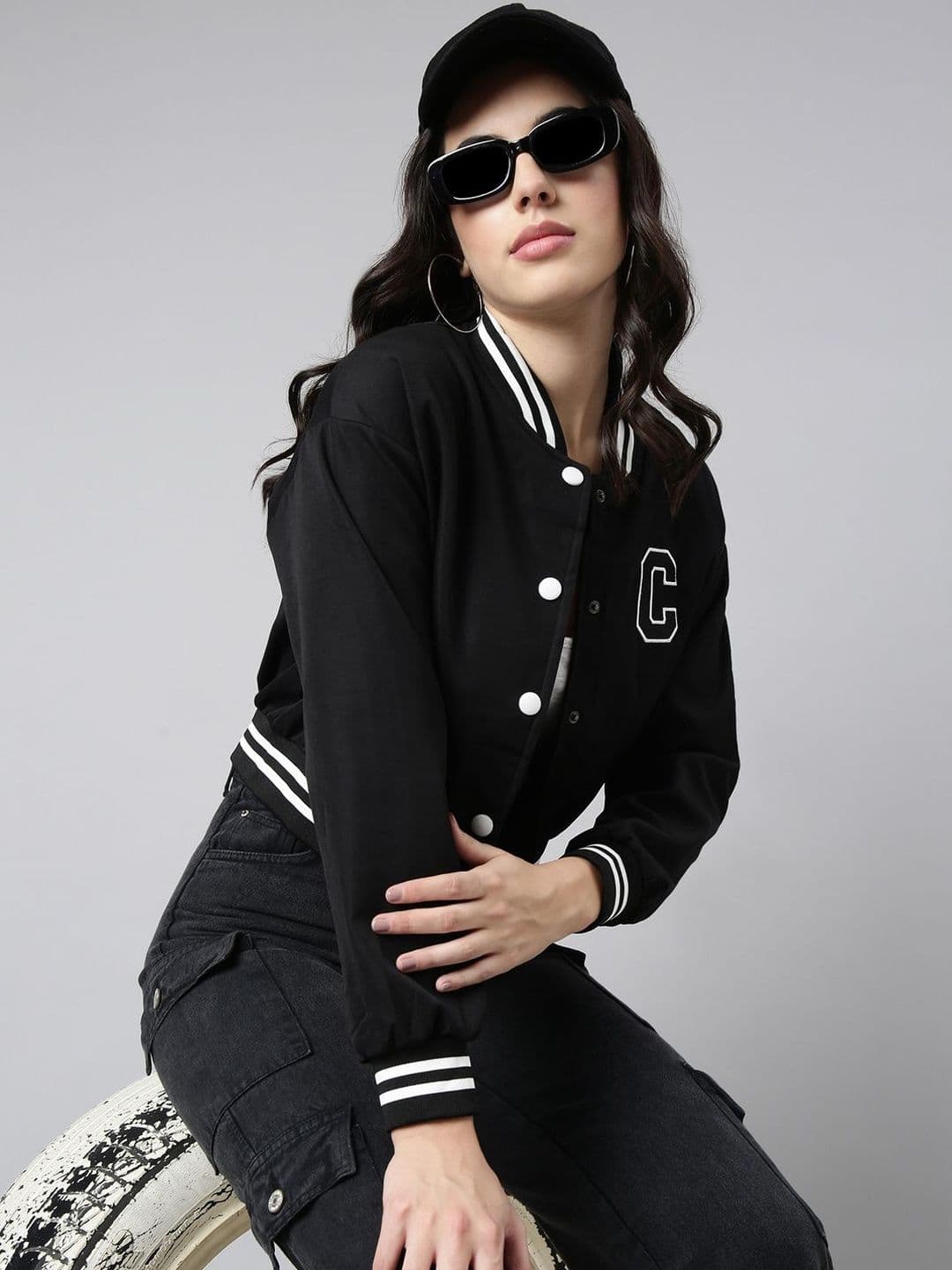 SHOWOFFFF Women Brand Logo Colourblocked Windcheater Varsity Jacket with Embroidered - view 1