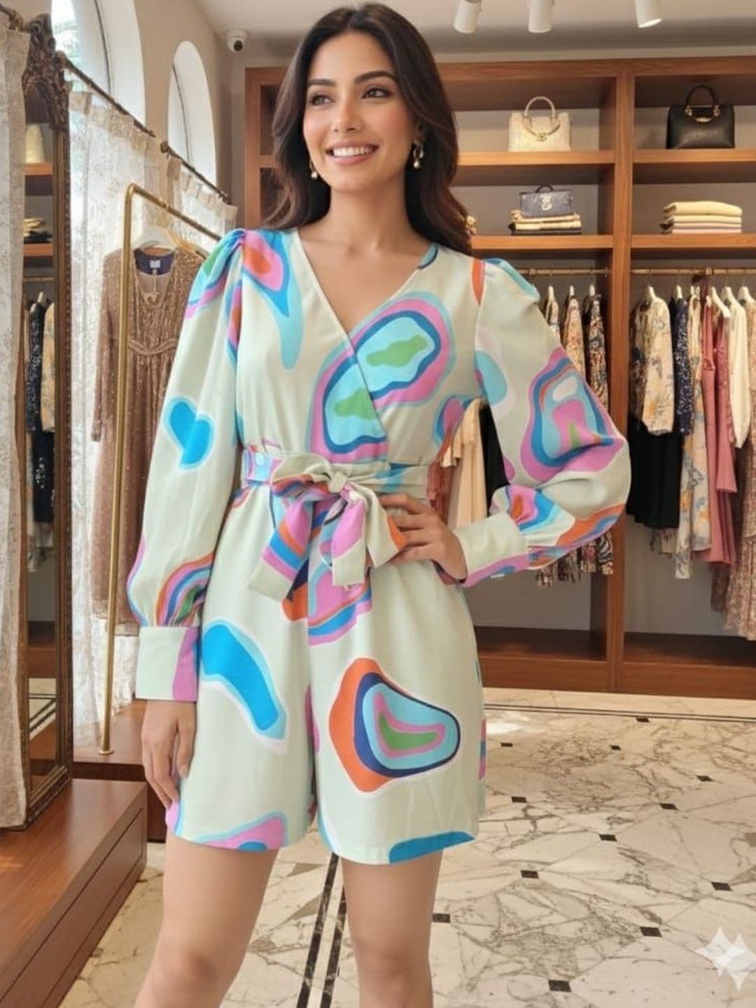 SZN Printed V Neck Long Sleeves Waist Tie-Ups Basic Jumpsuit - view 1
