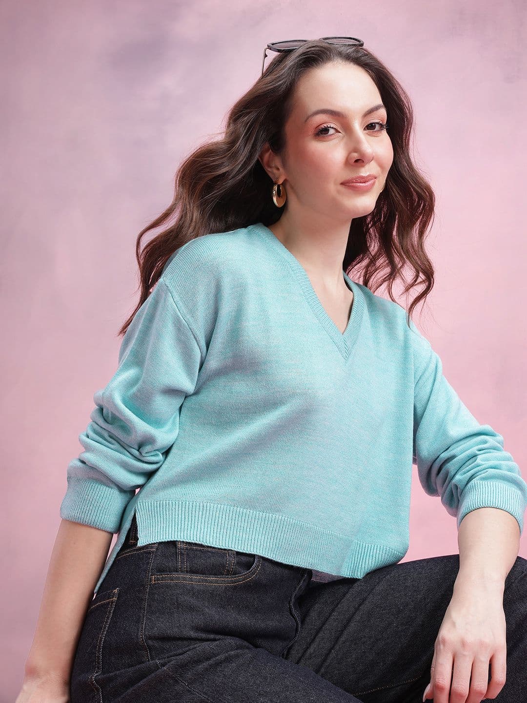 DressBerry V-Neck Drop-Shoulder Sleeves Crop Pullover with Side Slits - view 1