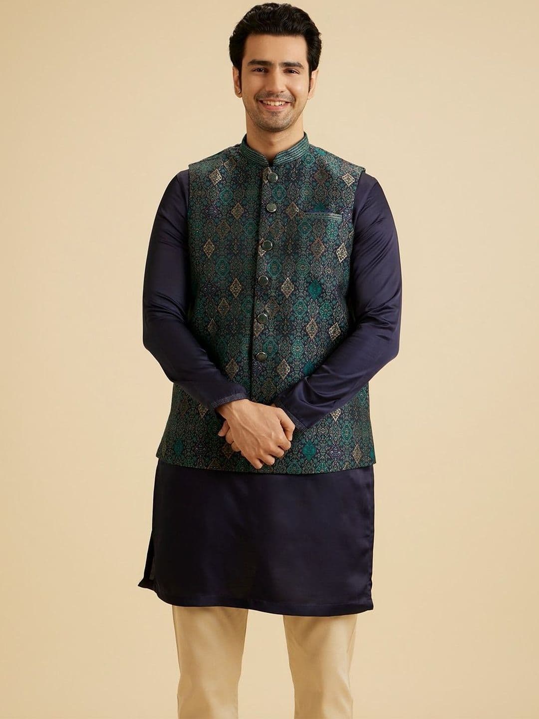 Manyavar Printed Mandarin Collar Nehru Jacket - view 1