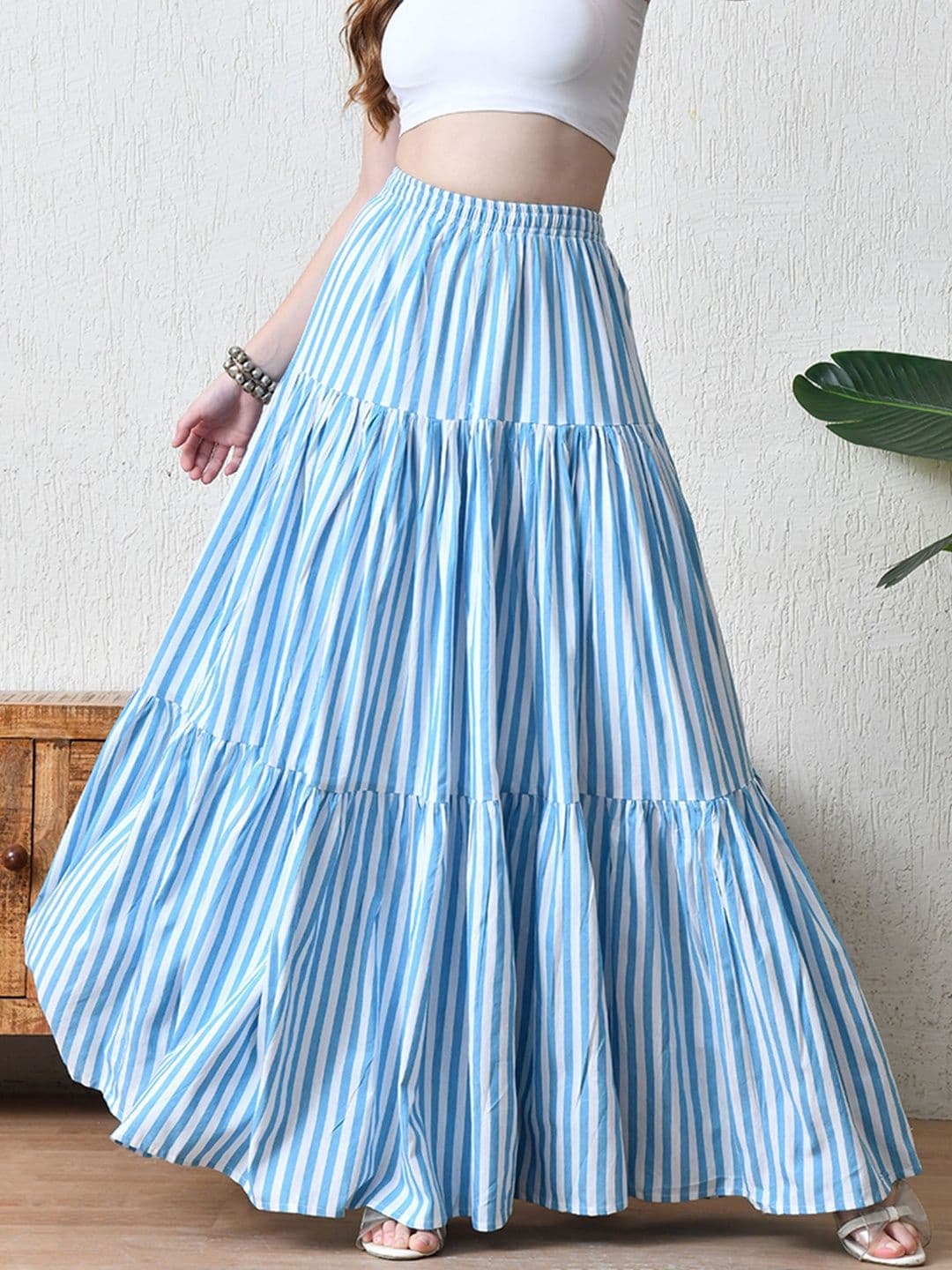 YANAMORA Striped Pure Cotton Maxi Flared Skirts - view 1