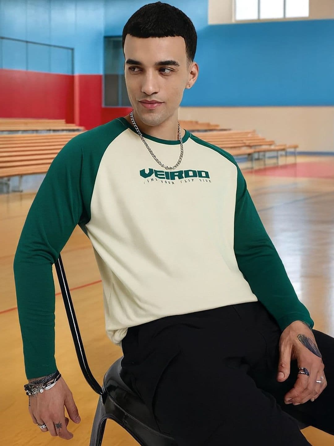 VEIRDO Typography Pure Cotton Round Neck Long Sleeves T-shirt - view 1