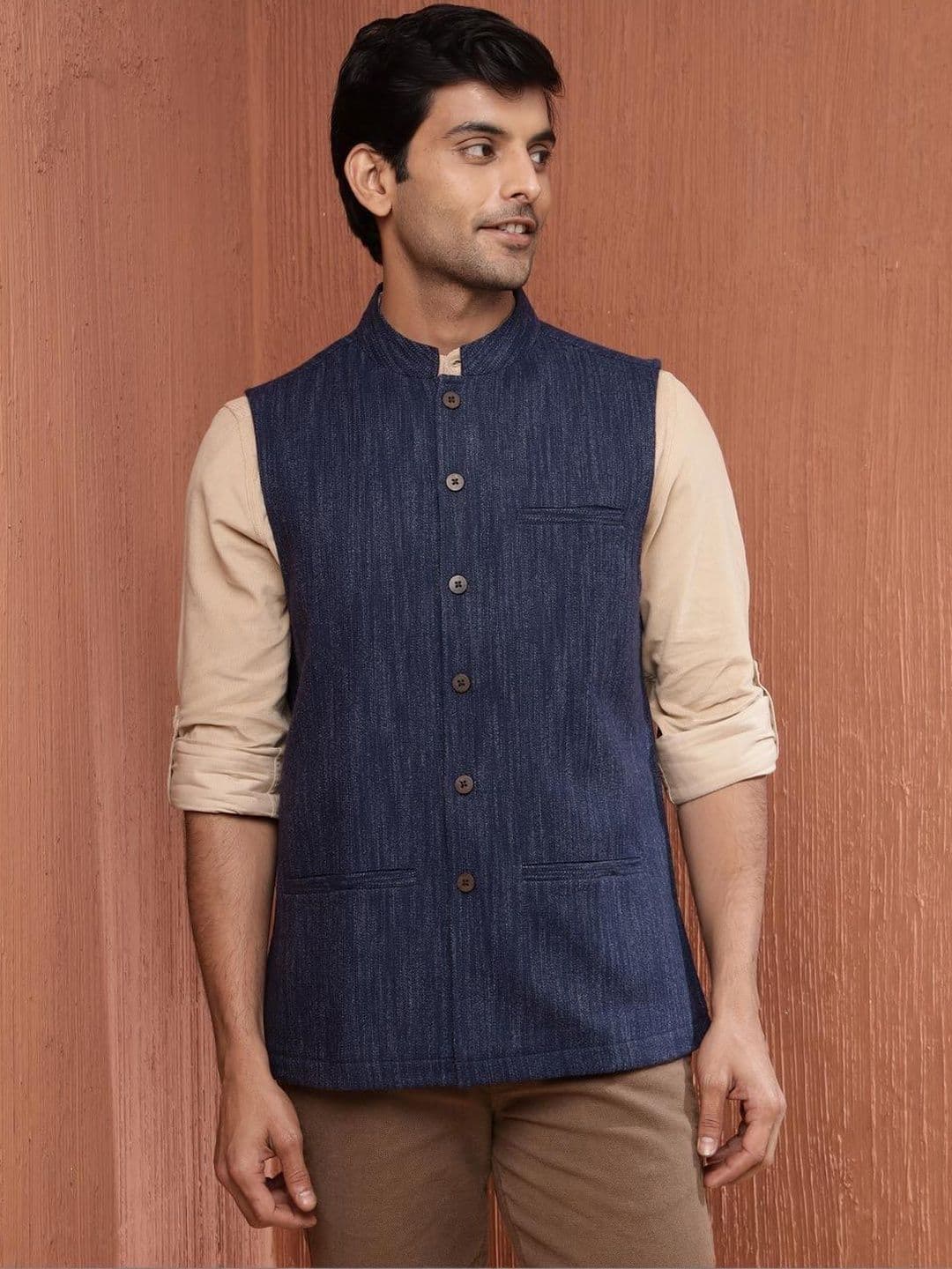 Fabindia Woven Design Woolen Mandarin Collar Nehru Jacket - view 1