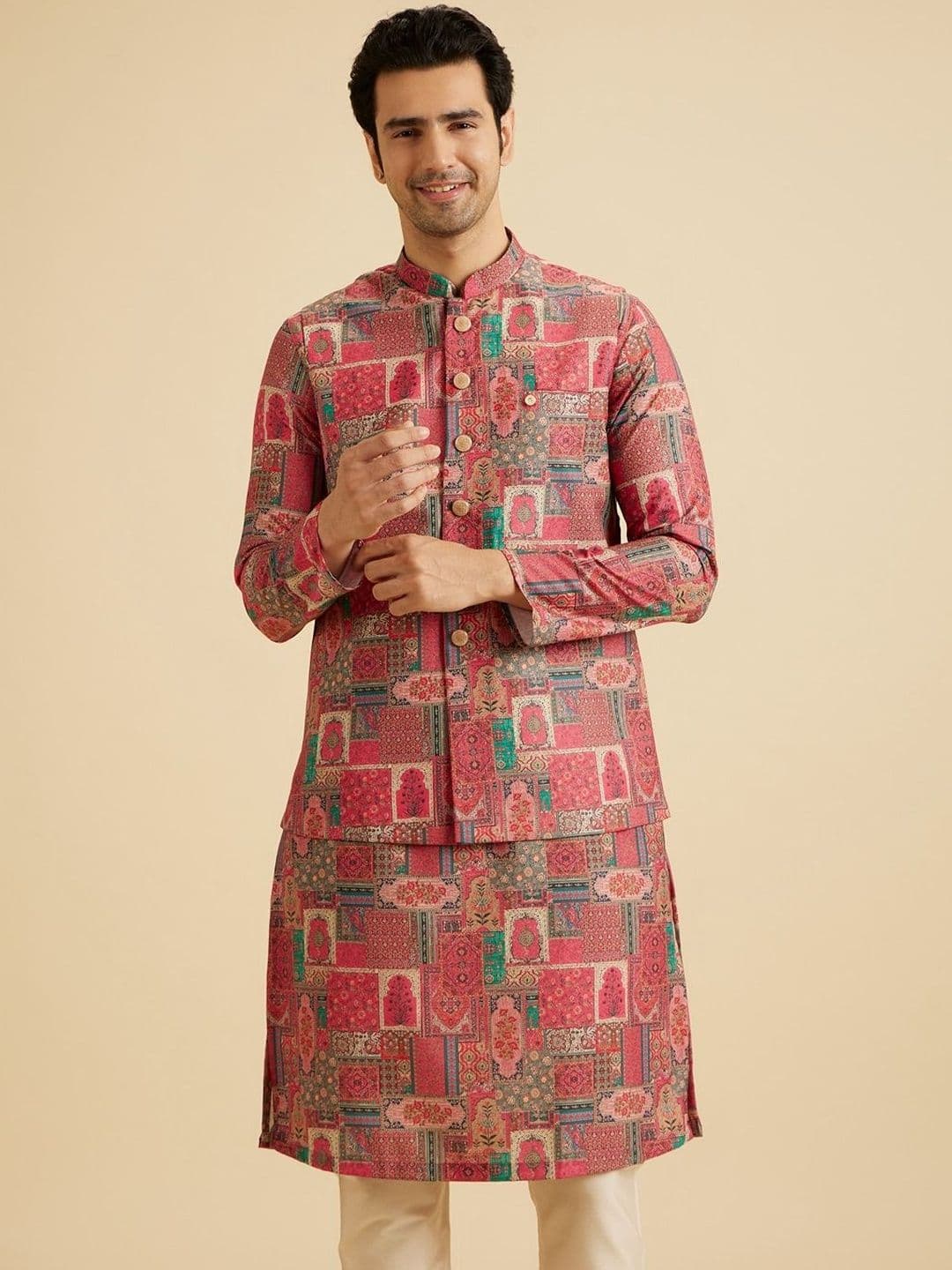 Manyavar Printed Mandarin Collar Nehru Jacket - view 1