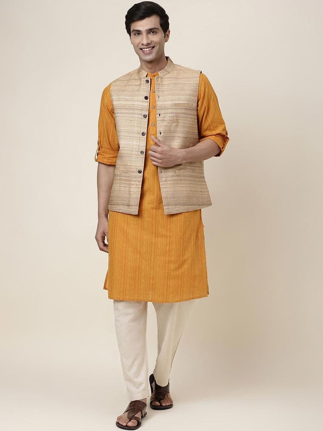 Fabindia Woven Design Pure Silk Woven Nehru Jacket - view 1
