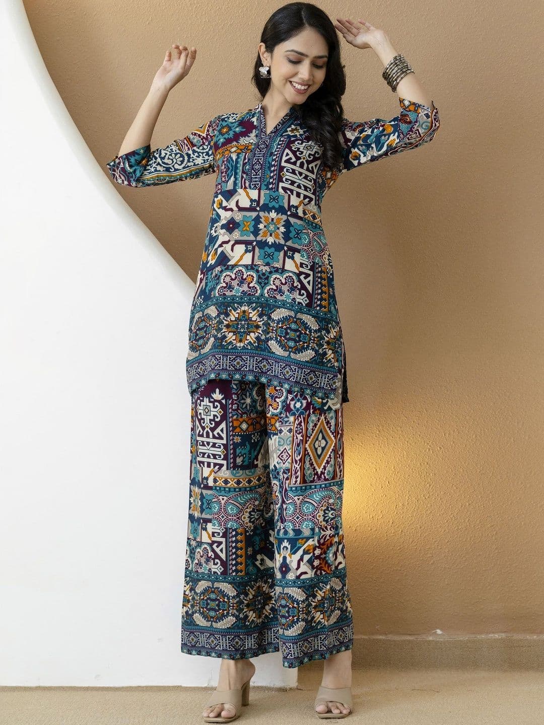 CORSICA Printed Mandarin Collar Tunic & Palazzos Co-Ords - view 1