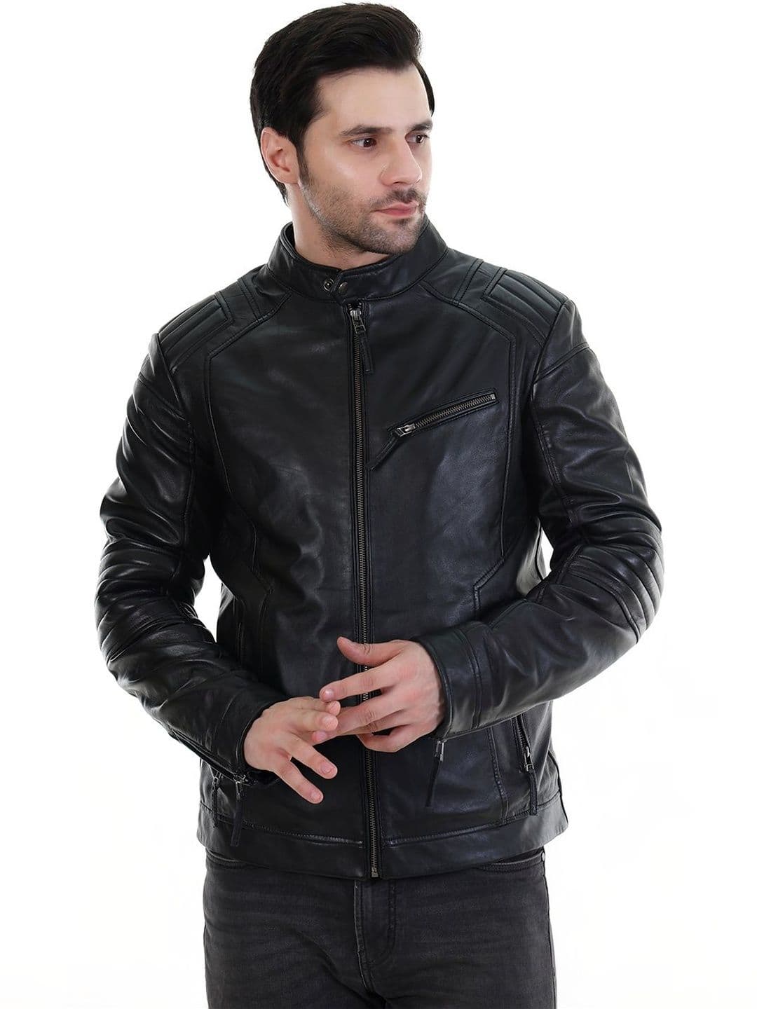 COOL EQUAL Men Leather Lightweight Biker Jacket - view 1
