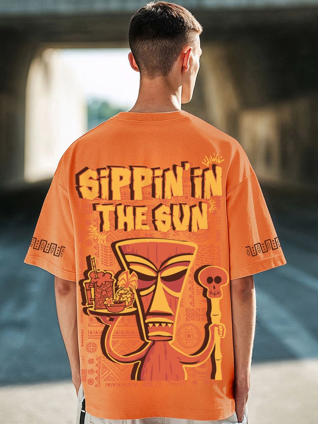 Bewakoof Men's Orange Sippin Sun Graphic Printed Oversized T-shirt - view 1