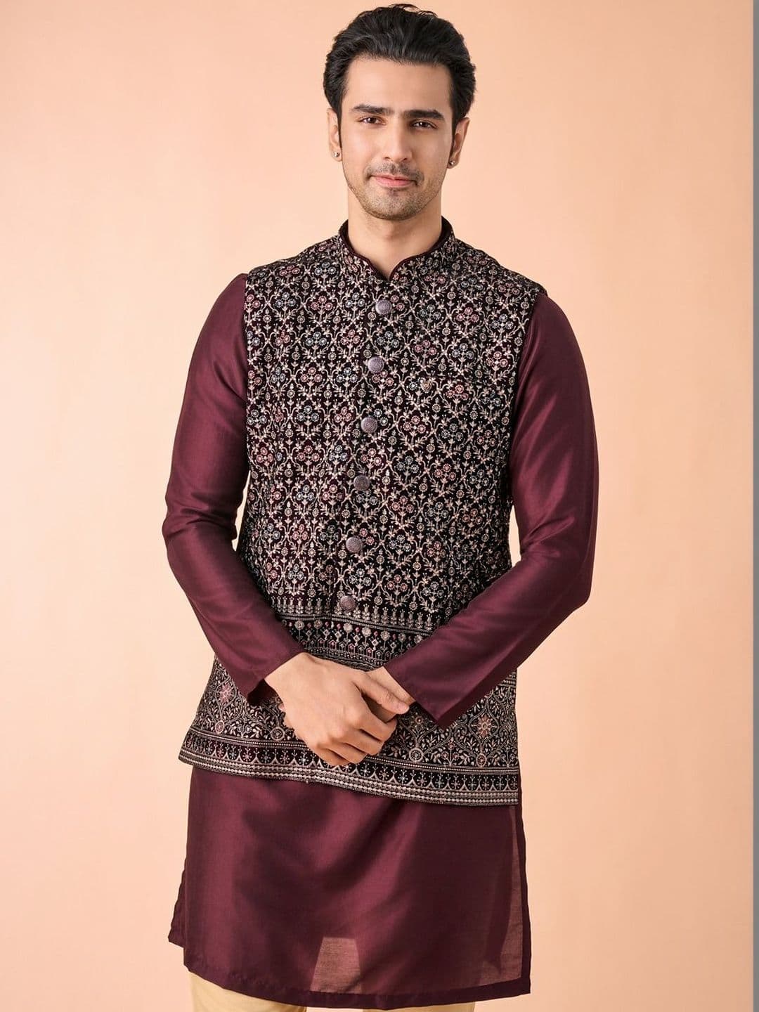 Manyavar Embroidered Velvet Woven Nehru Jackets - view 1