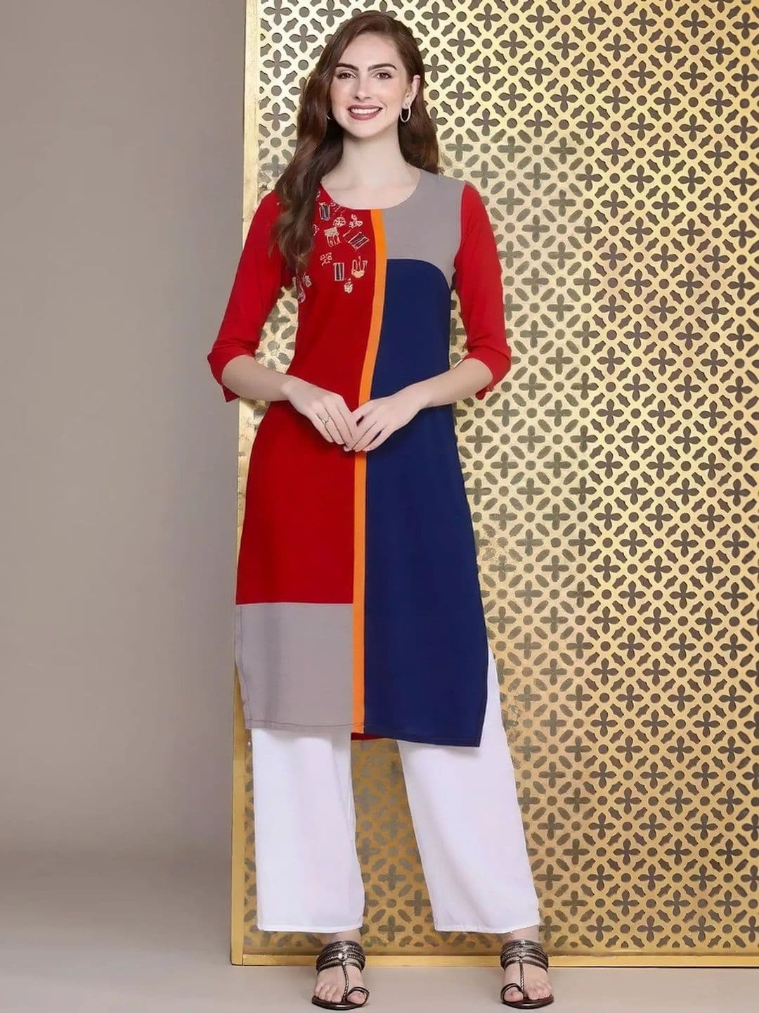 arangya Women Colourblocked Thread Work Crepe Kurta - view 1