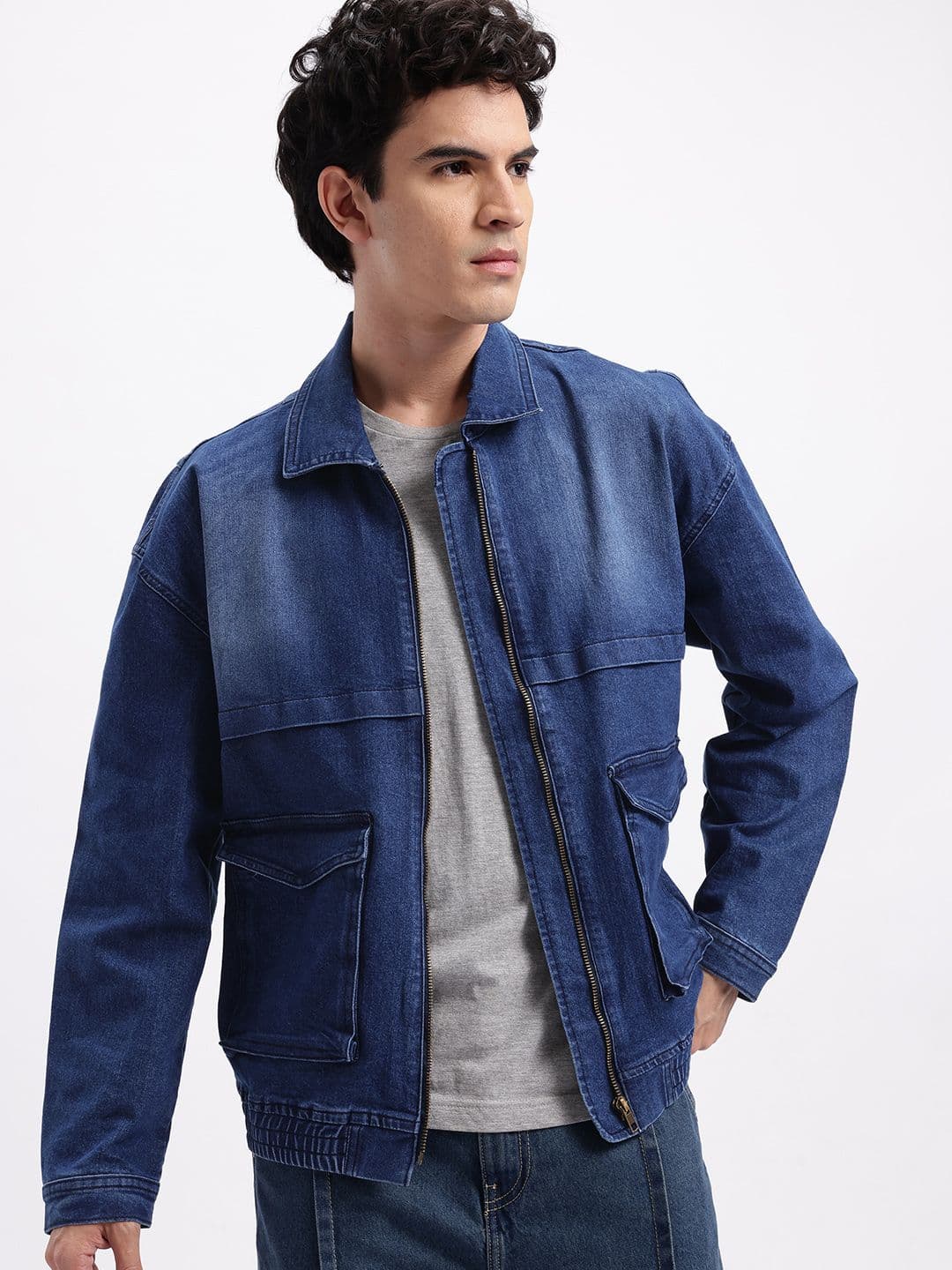 glitchez Zip Closure Oversized Denim Jacket with Flap Pockets - view 1