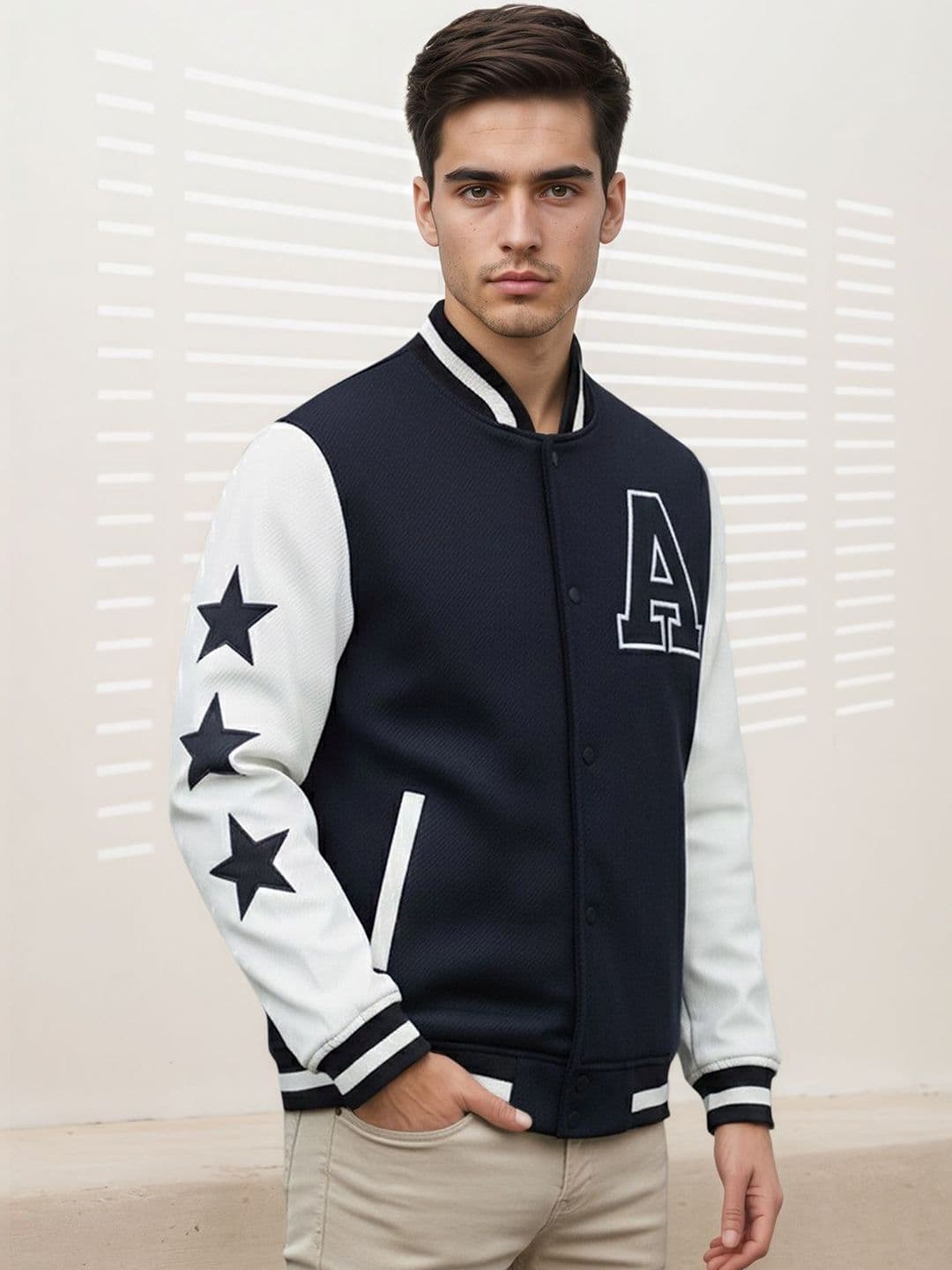 Mast & Harbour Men Brand Logo Colourblocked Woollen Lightweight Outdoor Varsity Jacket with Embroidered - view 1
