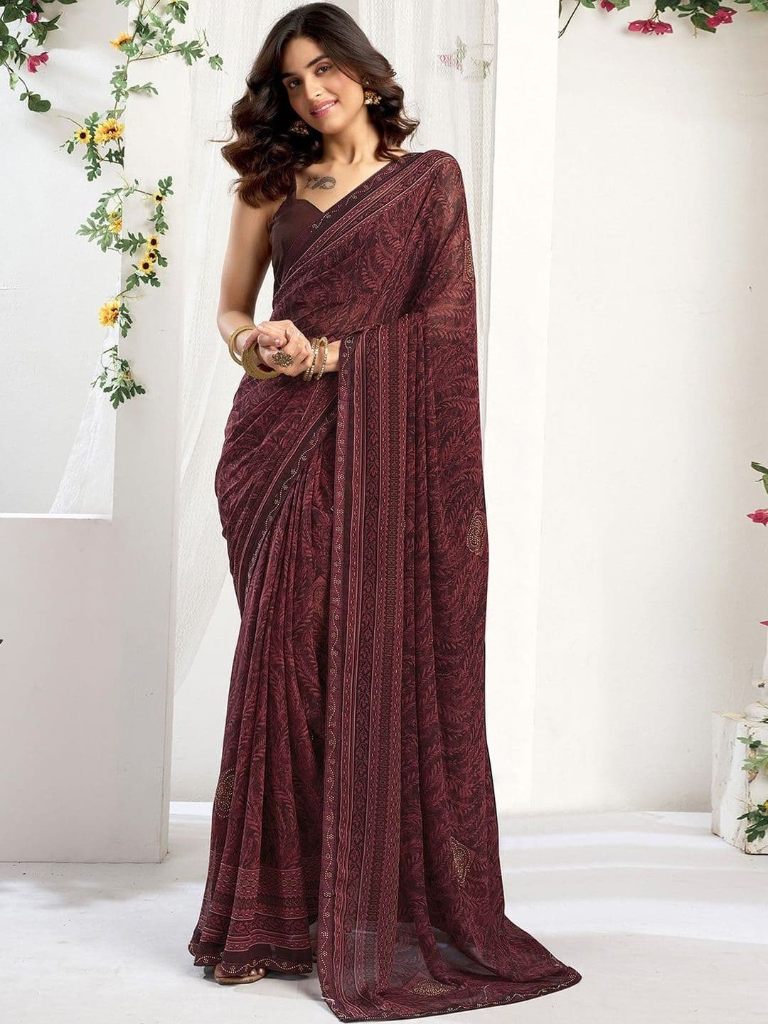 Anouk Rustic Ethnic Motifs Beads and Stones Poly Georgette Designer Saree - view 1