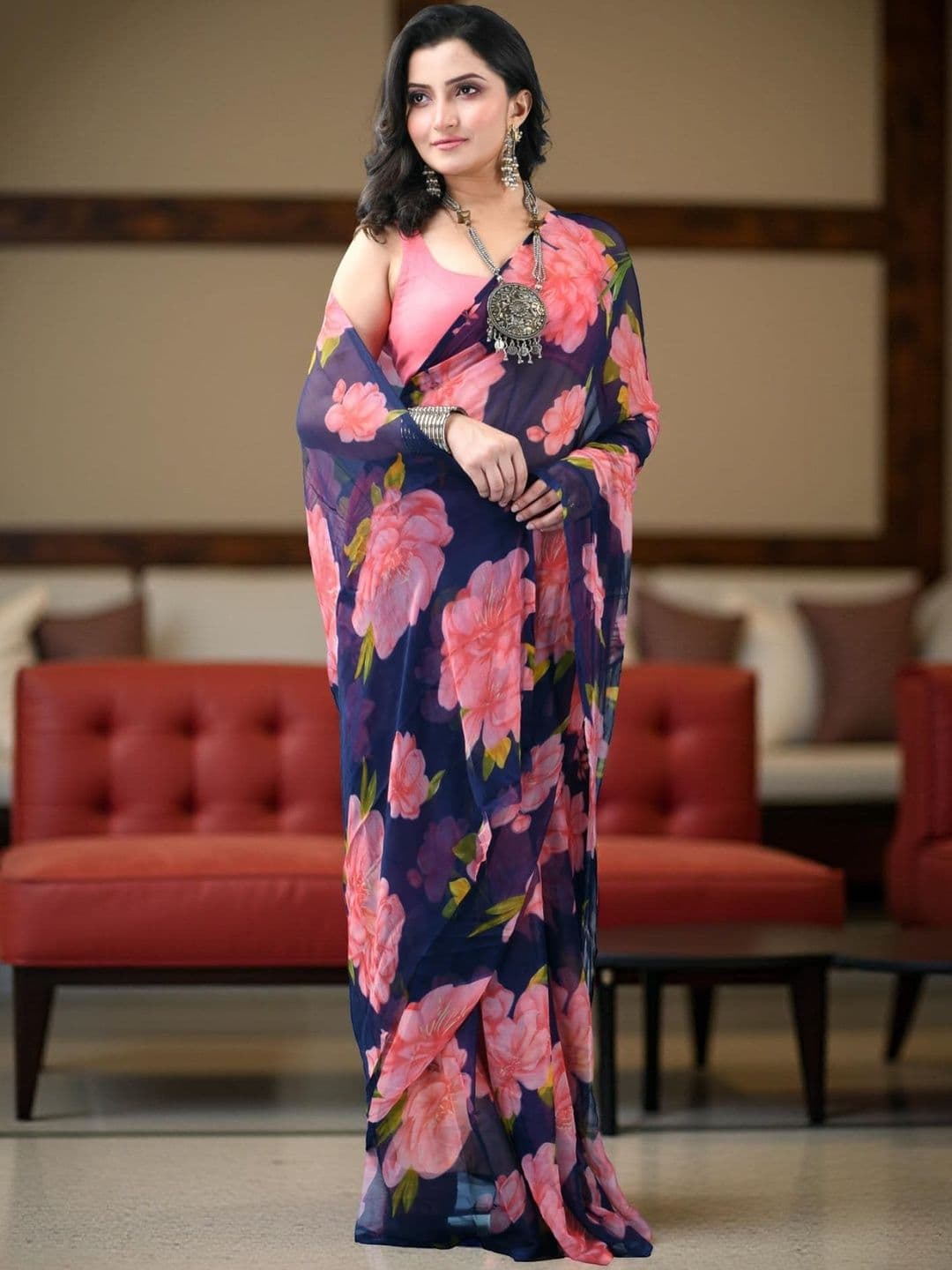 DESH BIDESH Floral Pure Chiffon Saree - view 1