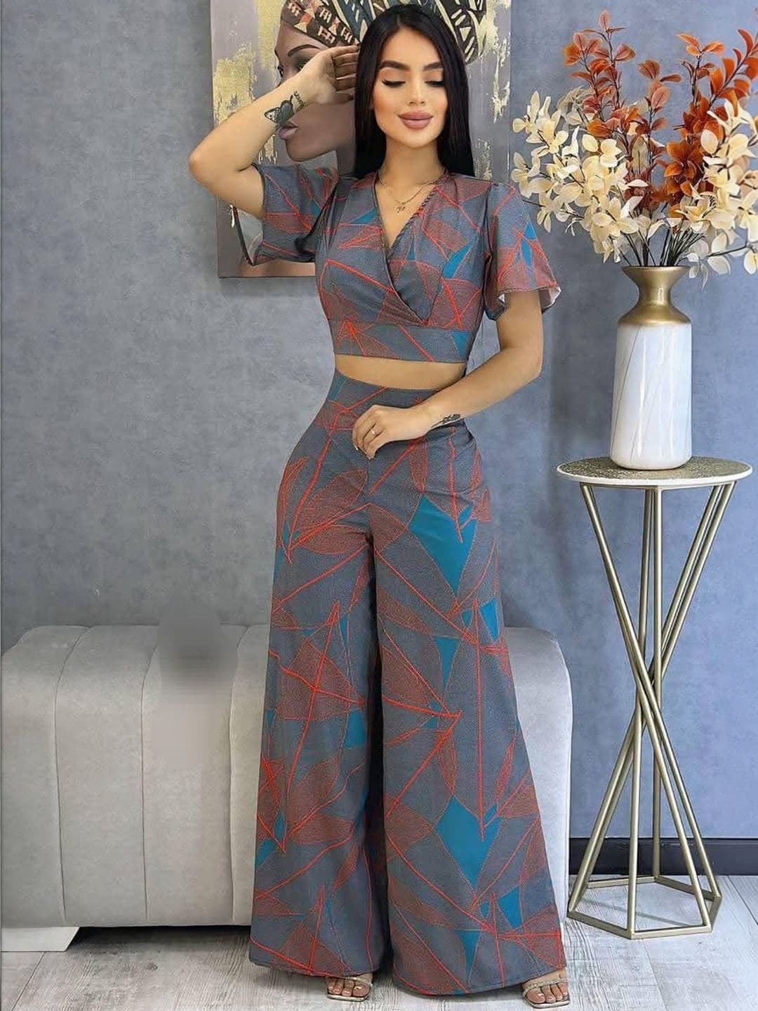 KI STUDIO Printed V-Neck Top With Palazzos Co-Ords - view 1