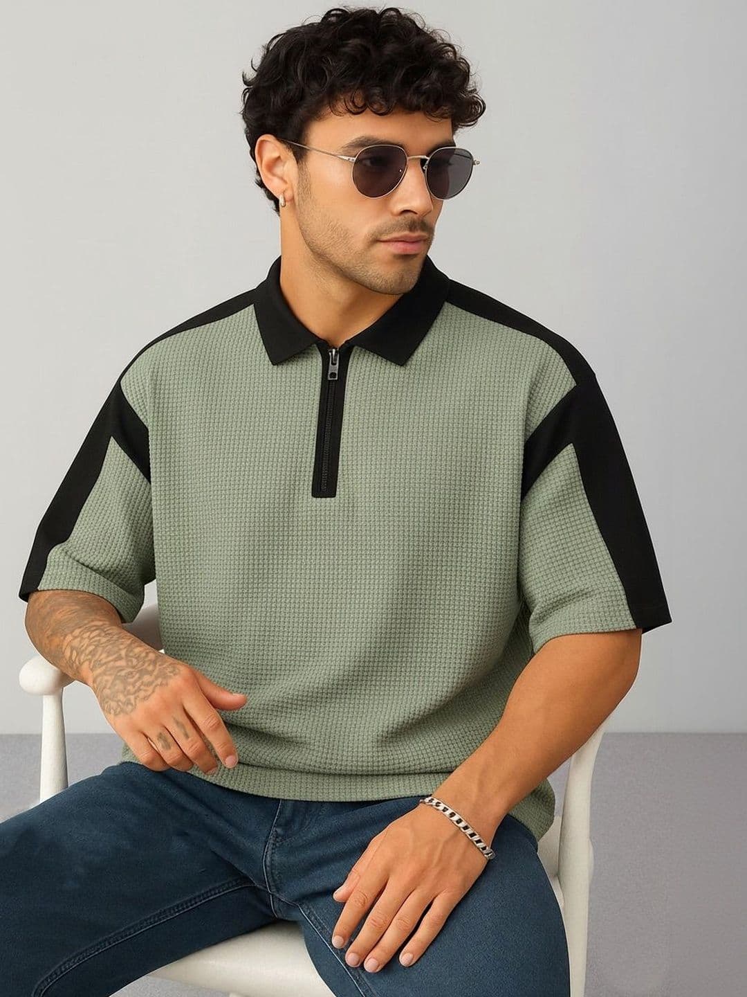 Try This Men Olive Green Colourblocked Polo Collar T-shirt - view 1
