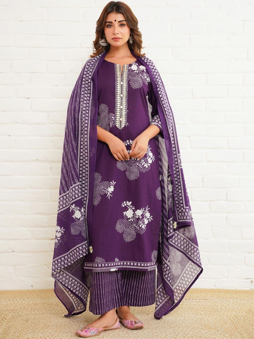 NYPA Women Ethnic Motifs Printed Regular Thread Work Pure Cotton Kurta with Trousers & With Dupatta - view 1